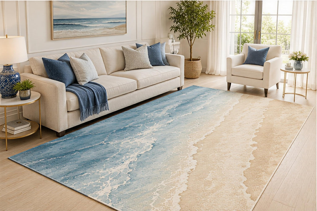 ICE ARMOR 5' x 7' Coastal Beach Area Rug, Blue Ocean Waves Seascape Watercolor Design for Living Room Bedroom Guest Room, Non-Slip Silicone Backing, Low Pile Carpet