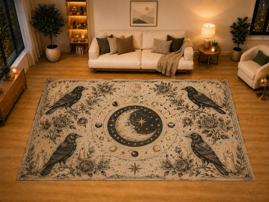 ICE ARMOR "Ultra Light Weight Large 6'7" x 9'10" Raven Moon Phases Candle Rose Area Rug for Living Room Bedroom, Soft Low Pile Non-Slip Backing, Beige Black Celestial Gothic Decor