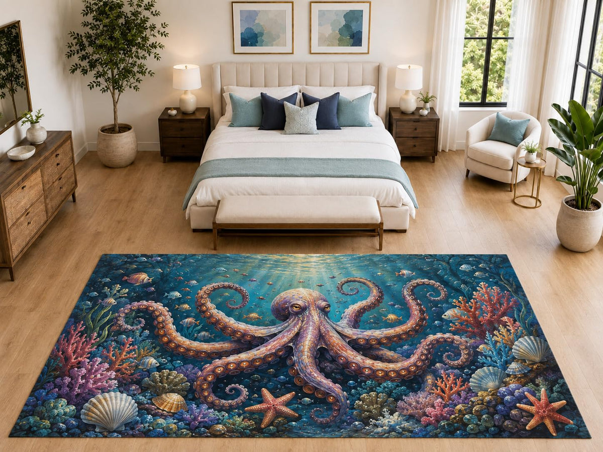 ICE ARMOR "Ultra Light Weight Large 6'7" x 9'10" Octopus Coral Reef Rug for Living Room, Soft Low Pile Indoor Rug and Non-Slip Silicone Backing, Blue