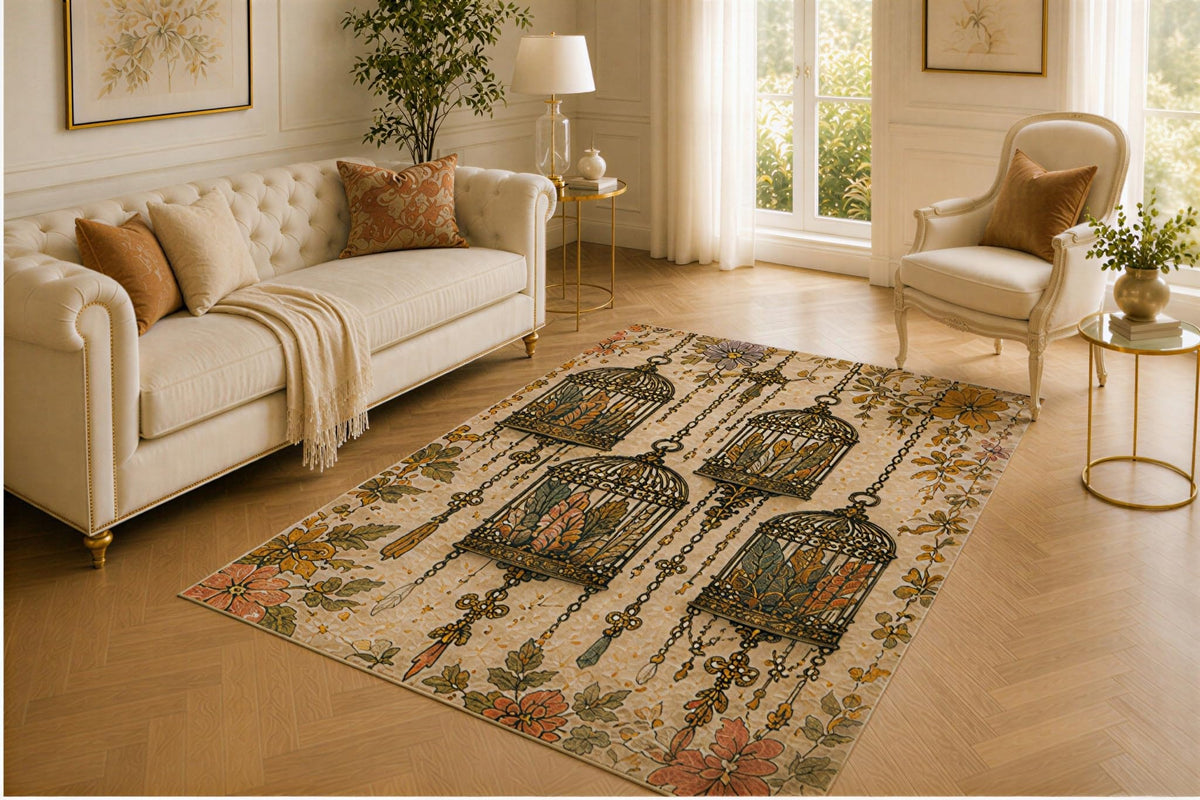 ICE ARMOR 5' x 7' Hanging Birdcage Rug, Autumn Blossom and Chain Design, Smooth Printed Floor Cover for Sunroom, Bedroom, Study and Whimsical Home Decor