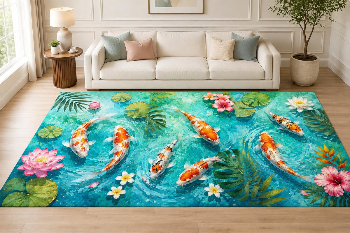 ICE ARMOR "Ultra Lightweight Large 6'7" x 9'10" Vibrant Koi Pond Area Rug for Living Room, Bedroom and Home Office, Soft Low Pile Carpet with Non-Slip Silicone Backing, Turquoise and Orange