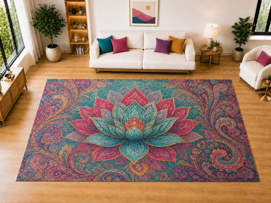 ICE ARMOR "Ultra Light Weight Large 6'7" x 9'10" Vibrant Lotus Paisley Area Rug for Living Room, Bedroom, Dining Room, Soft Low Pile Non-Slip Backing, Teal Magenta Purple