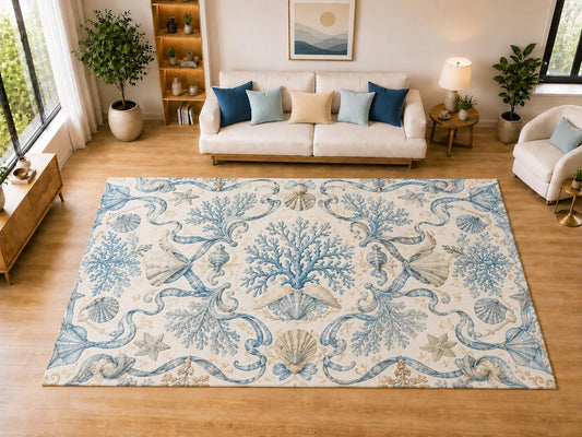 ICE ARMOR "Ultra Light Weight Large 6'7" x 9'10" Coral Ribbon Area Rug for Dining, Living Room, Bedroom, Soft Low Pile Indoor Rug with Non-Slip Silicone Backing, Blue Cream