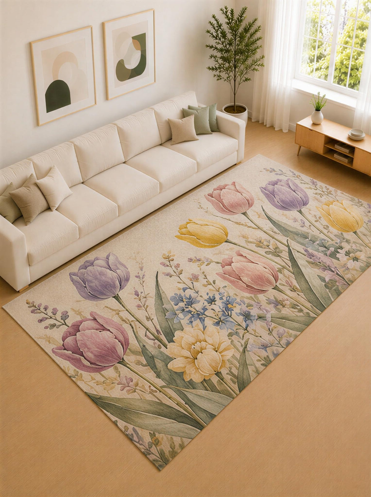 ICE ARMOR Large 6'7" x 9'10" Pastel Yellow and Lavender Tulip Meadow Area Rug for Living Room, Soft Low Pile Carpet with Non-Slip Silicone Backing, Decor for Bedroom and Home Office