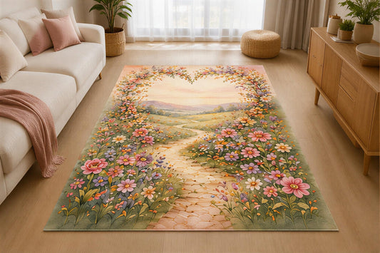 ICE ARMOR 5' x 7' Vintage Lace Heart Floral Area Rug for Living Room, Soft Low Pile Indoor Rug with Non-Slip Silicone Backing, Romantic Carpet for Bedroom, Family Room, Office, Cream Beige