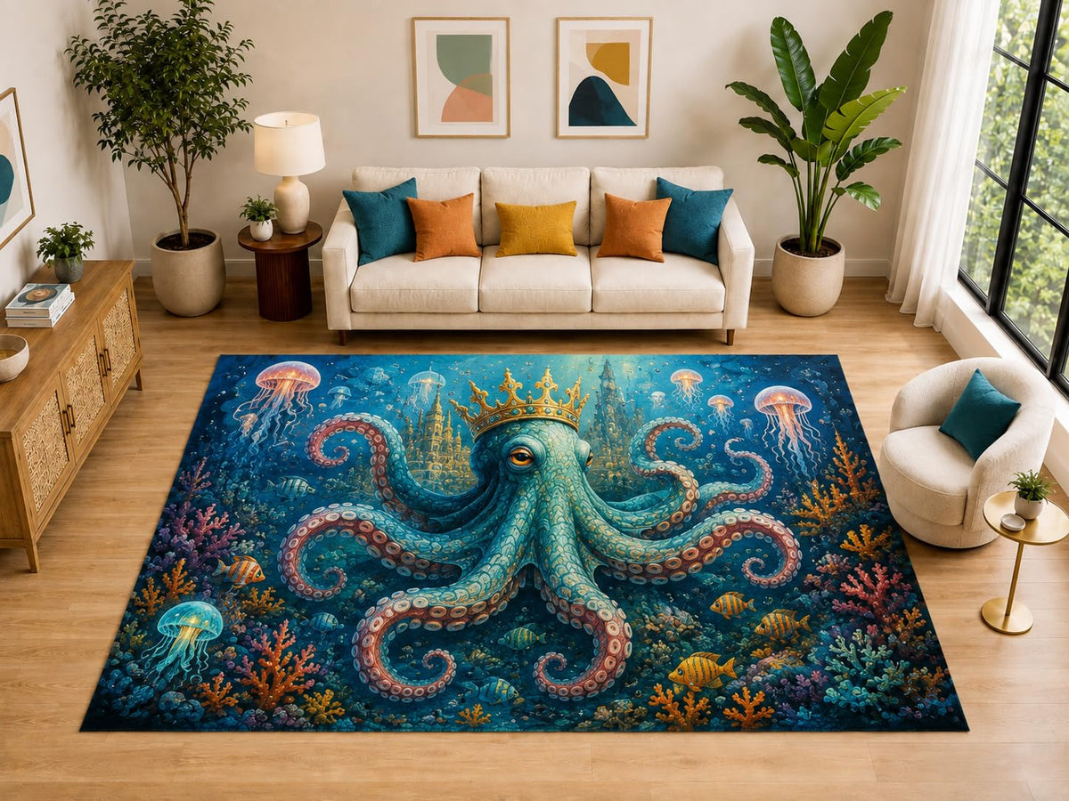 ICE ARMOR "Ultra Light Weight Large 6'7" x 9'10" Crown Octopus Reef Rug for Bedroom, Soft Low Pile Indoor Rug and Non-Slip Silicone Backing, Blue