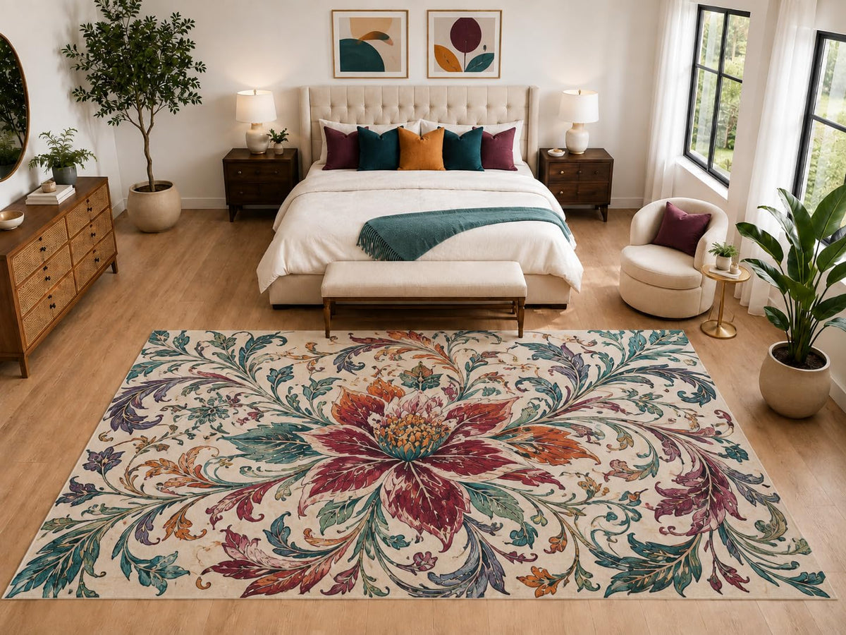 ICE ARMOR "Ultra Light Weight Large 6'7" x 9'10" Botanical Floral Scroll Rug, Soft Low Pile Indoor Rug, Non-Slip Silicone Backing for Bedroom Beige