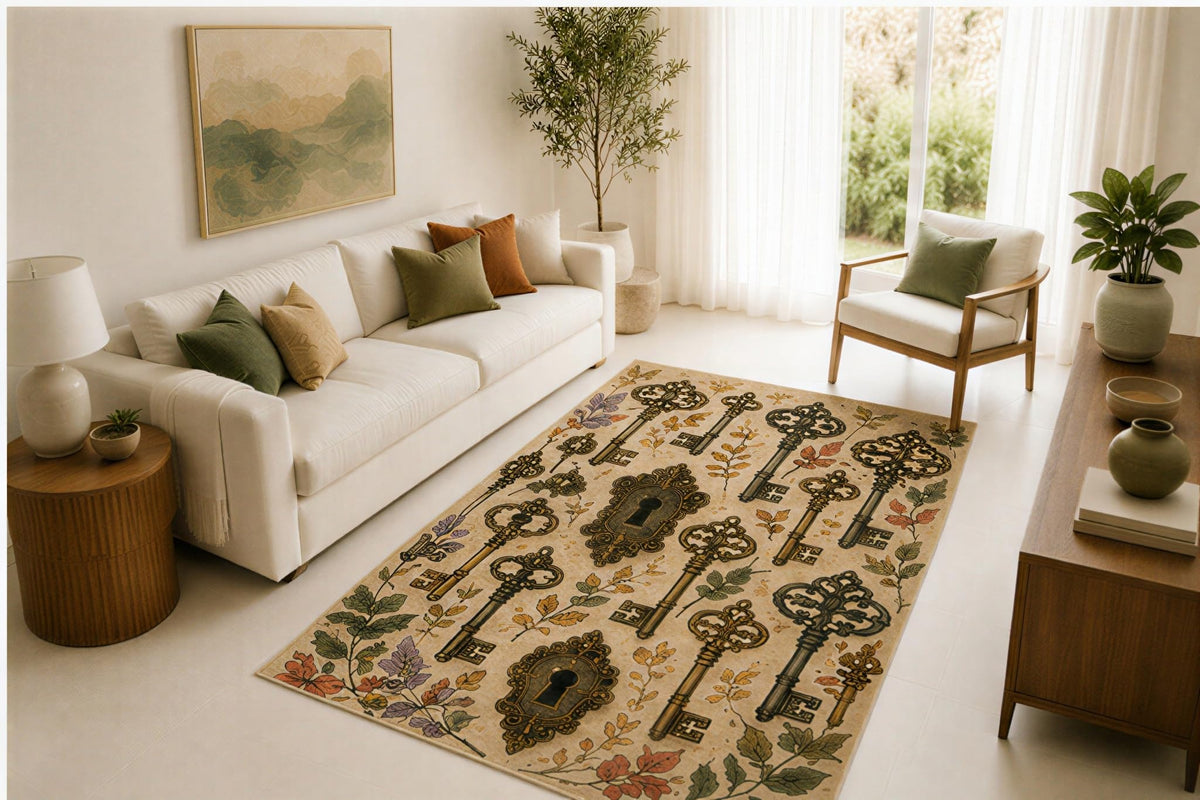 ICE ARMOR 5' x 7' Skeleton Key Rug, Ornate Lock Botanical Motif, Smooth Printed Floor Cover for Entryway, Library, Office, Hallway and Gothic Home Decor