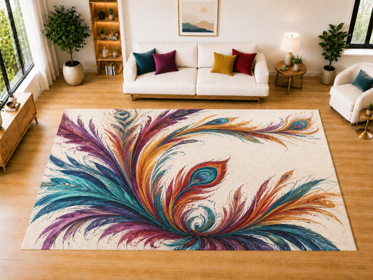 ICE ARMOR "Ultra Light Weight Large 6'7" x 9'10" Peacock Feather Swirl Area Rug for Living Room Bedroom Dining Room, Soft Low Pile Non-Slip Backing, Teal Purple Orange Cream Boho Floral Decor