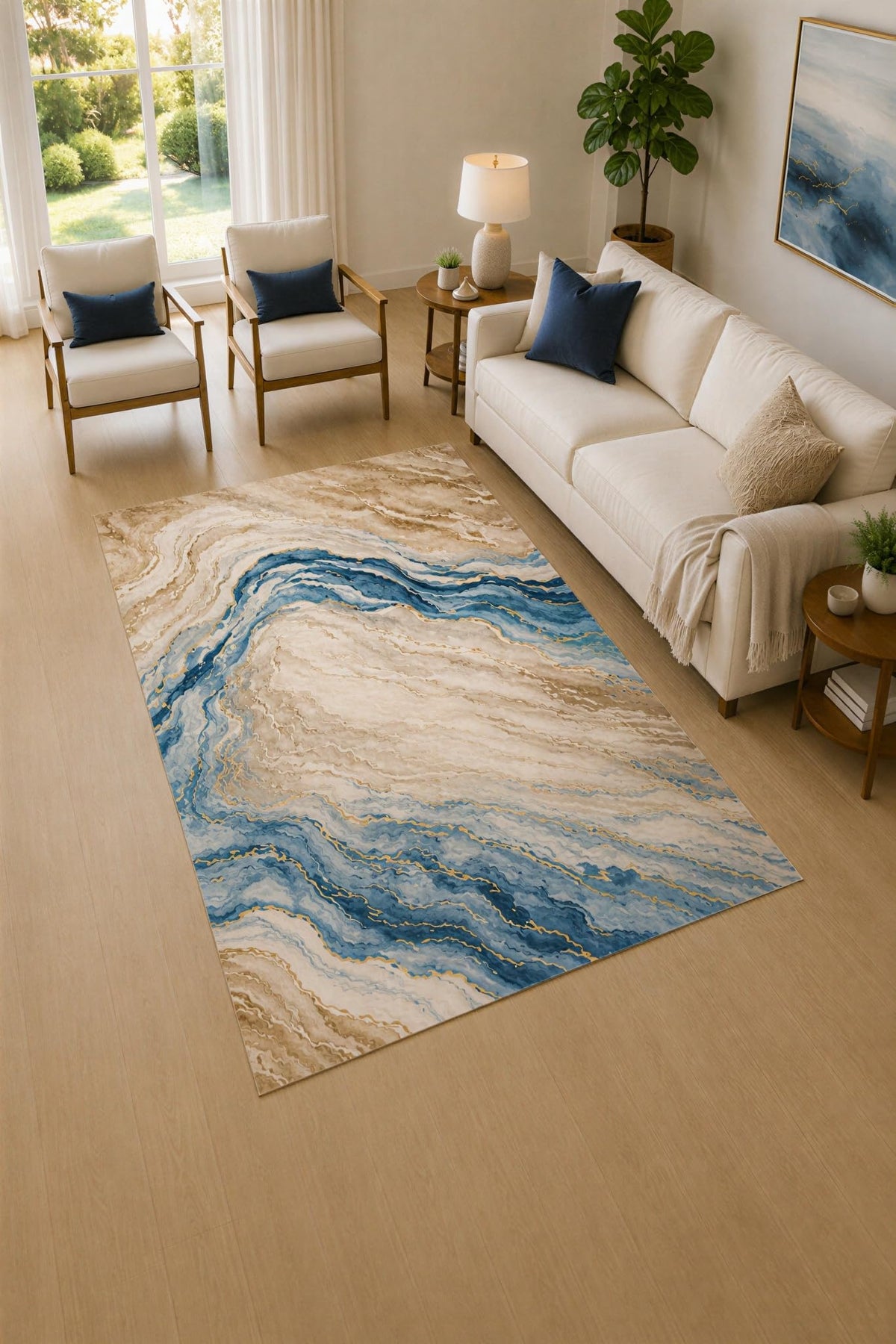 ICE ARMOR 5' x 7' Blue and Cream Coastal Flow Area Rug for Living Room, Soft Low Pile Carpet with Non-Slip Silicone Backing, Decor for Bedroom and Home Office
