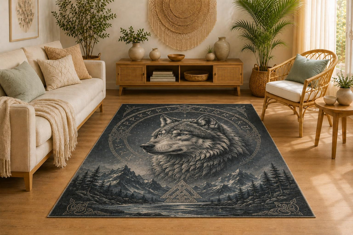 ICE ARMOR 5' x 7' Nordic Wolf Area Rug, Soft Low Pile Indoor Rug with Non-Slip Silicone Backing, Decorative Carpet for Living Room, Bedroom, Dining Room, Office, Runic Mountain Design