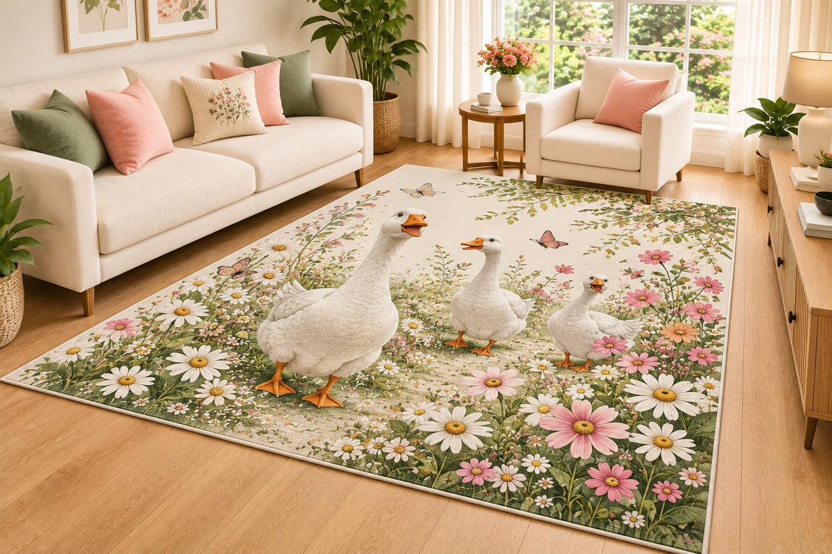 ICE ARMOR 5' x 7' White Goose Daisy Garden Area Rug for Living Room, Soft Low Pile Indoor Rug with Non-Slip Silicone Backing, Floral Carpet for Bedroom, Dining Room, Family Room, White Green Pink