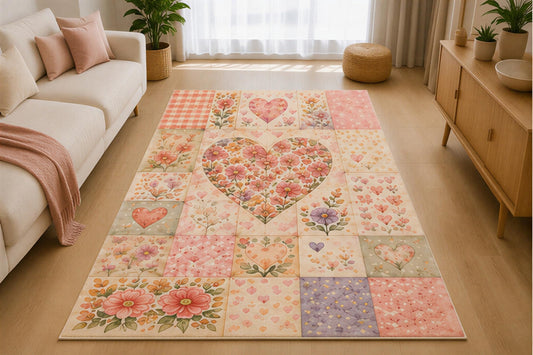 ICE ARMOR 5' x 7' Patchwork Floral Heart Area Rug for Living Room, Soft Low Pile Indoor Rug with Non-Slip Silicone Backing, Decorative Carpet for Bedroom, Dining Room, Office, Family Room, Cream Pink