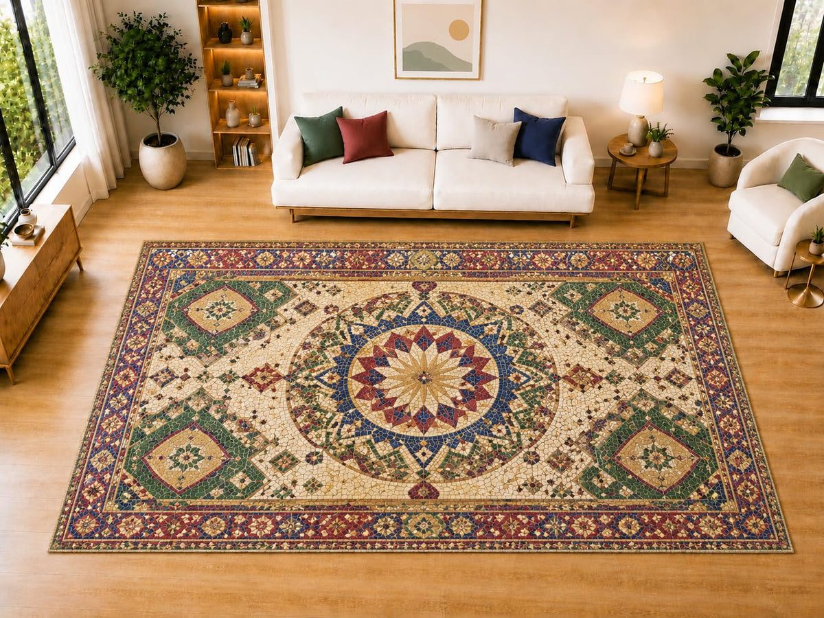 ICE ARMOR "Ultra Light Weight Large 6'7" x 9'10" Mosaic Medallion Area Rug for Living Room, Bedroom, Dining Room, Soft Low Pile Non-Slip Backing, Cream Green Blue Rust