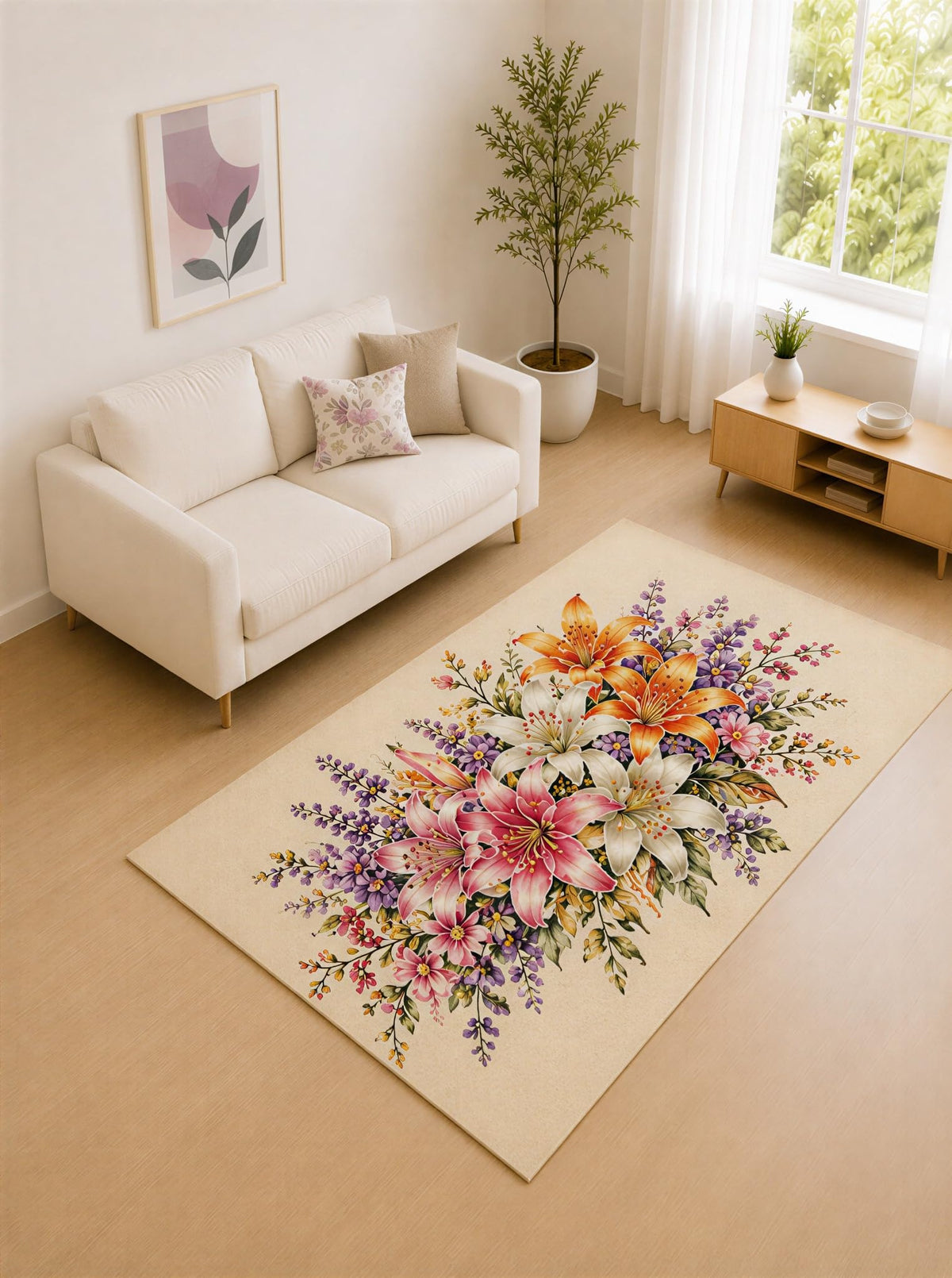ICE ARMOR "Ultra Lightweight 5' x 7' Cream and Orange Lily Meadow Area Rug for Living Room, Bedroom and Home Office, Soft Low Pile Carpet with Non-Slip Silicone Backing