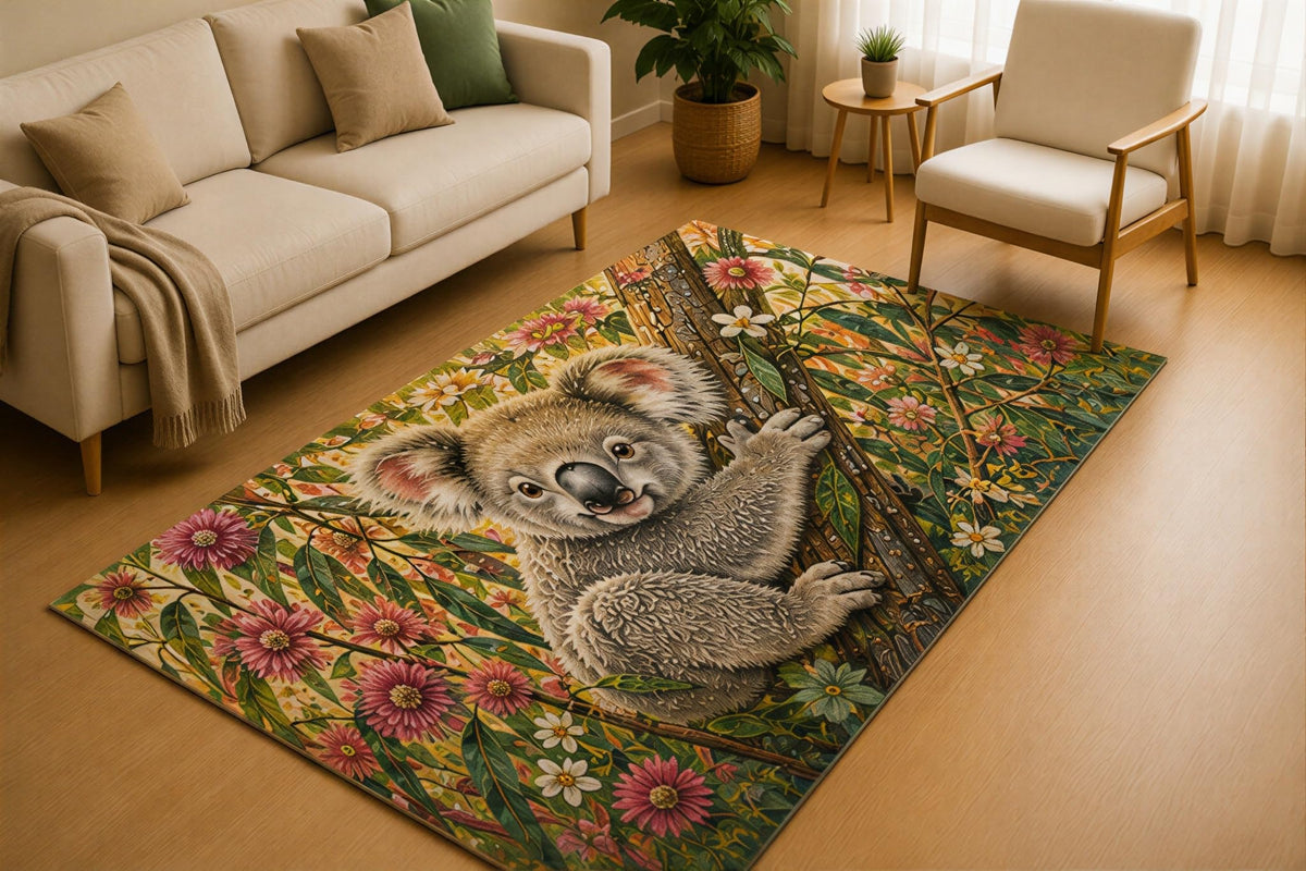 ICE ARMOR 5' x 7' Koala Eucalyptus Floral Area Rug for Living Room, Soft Low Pile Indoor Rug with Non-Slip Silicone Backing, Botanical Carpet for Bedroom, Nursery, Kids & Pets, Gray Green