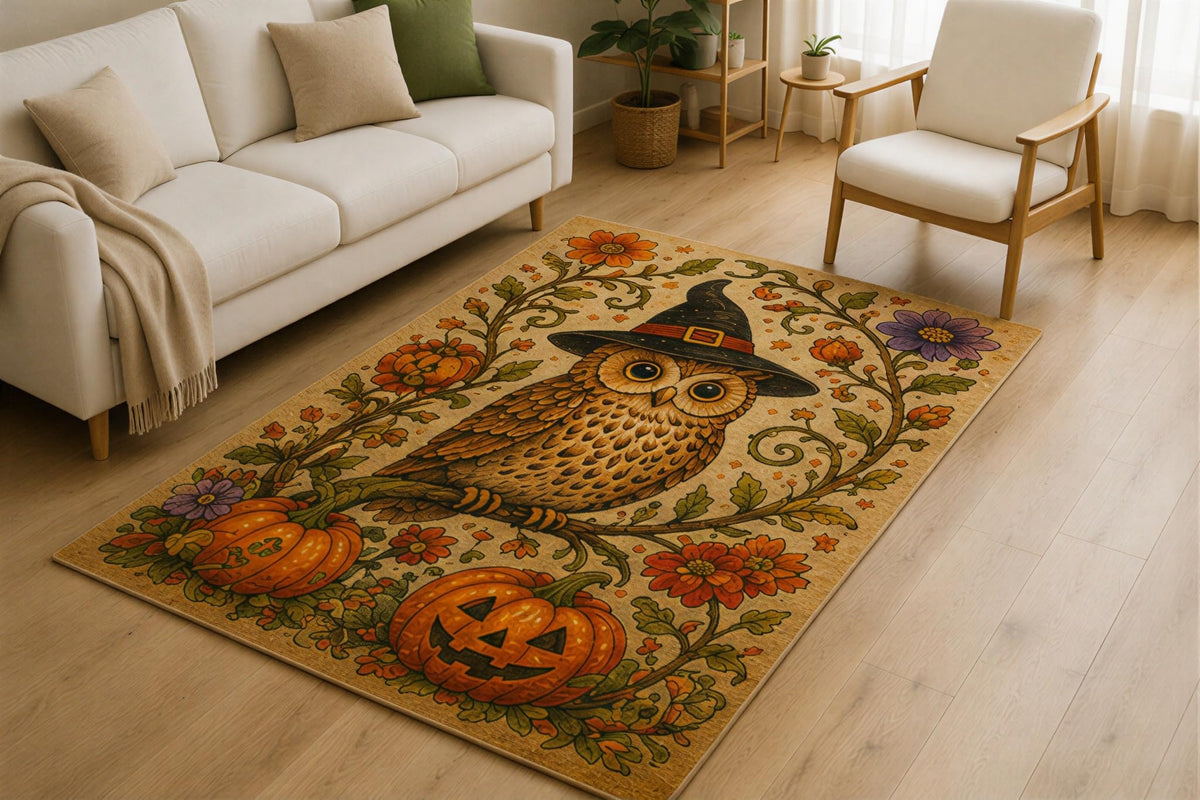 ICE ARMOR 5' x 7' Halloween Owl Pumpkin Area Rug for Living Room, Soft Low Pile Indoor Rug with Non-Slip Silicone Backing, Autumn Decorative Carpet for Bedroom, Playroom, Kids & Pets, Beige Orange