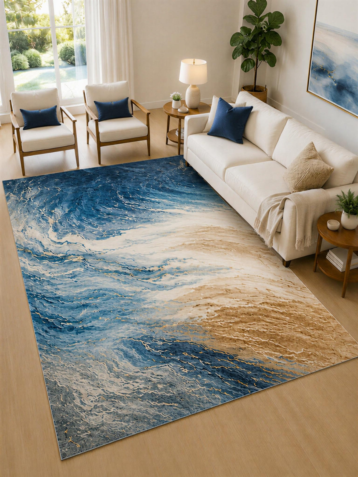 ICE ARMOR Large 6'7" x 9'10" Navy and Beige Tidal Marble Area Rug for Living Room, Soft Low Pile Carpet with Non-Slip Silicone Backing, Decor for Bedroom and Home Office
