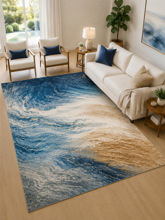 ICE ARMOR Large 6'7" x 9'10" Navy and Beige Tidal Marble Area Rug for Living Room, Soft Low Pile Carpet with Non-Slip Silicone Backing, Decor for Bedroom and Home Office