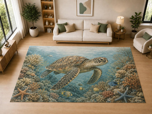 ICE ARMOR "Ultra Light Weight Large 6'7" x 9'10" Sea Turtle Coral Reef Decor, Living Room, Bedroom, Dining Room, Office, Family Room, Soft Low Pile Indoor Rug, Non-Slip Silicone Backing, Blue