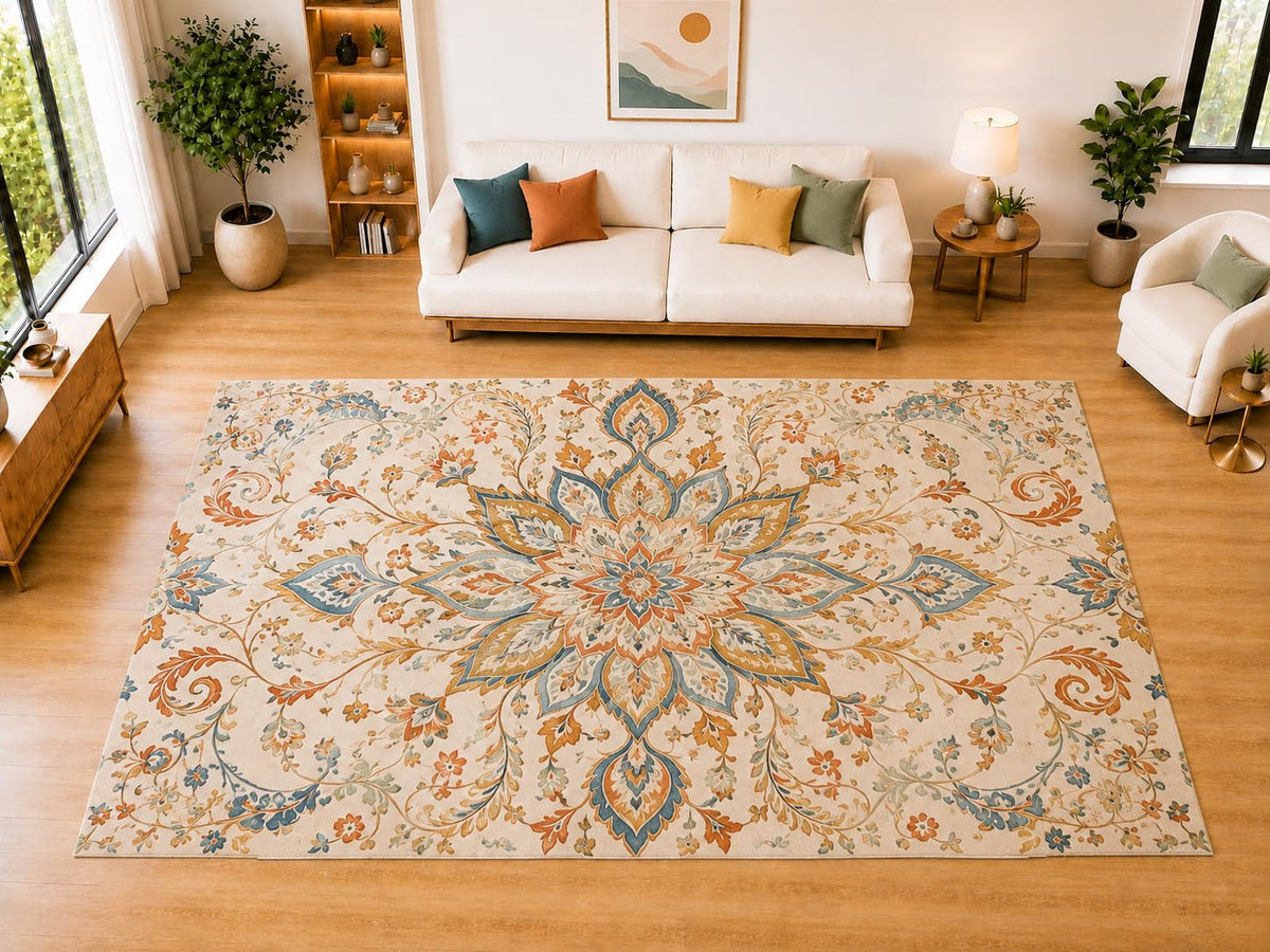 ICE ARMOR "Ultra Light Weight Large 6'7" x 9'10" Delicate Floral Medallion Area Rug for Living Room, Bedroom, Dining Room, Soft Low Pile Non-Slip Backing, Orange Blue Cream