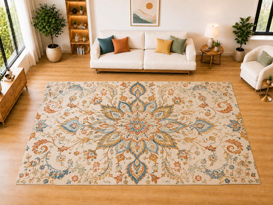 ICE ARMOR "Ultra Light Weight Large 6'7" x 9'10" Delicate Floral Medallion Area Rug for Living Room, Bedroom, Dining Room, Soft Low Pile Non-Slip Backing, Orange Blue Cream