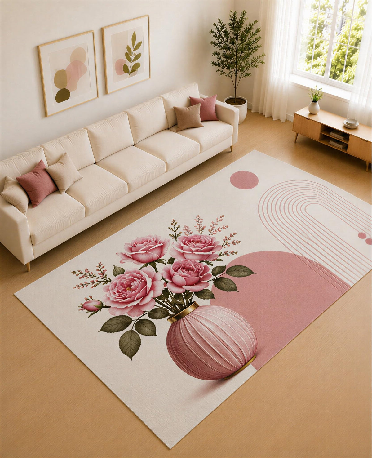ICE ARMOR Large 6'7" x 9'10" Rose Pink and Cream Floral Arc Area Rug for Living Room, Soft Low Pile Carpet with Non-Slip Silicone Backing, Decor for Bedroom and Home Office