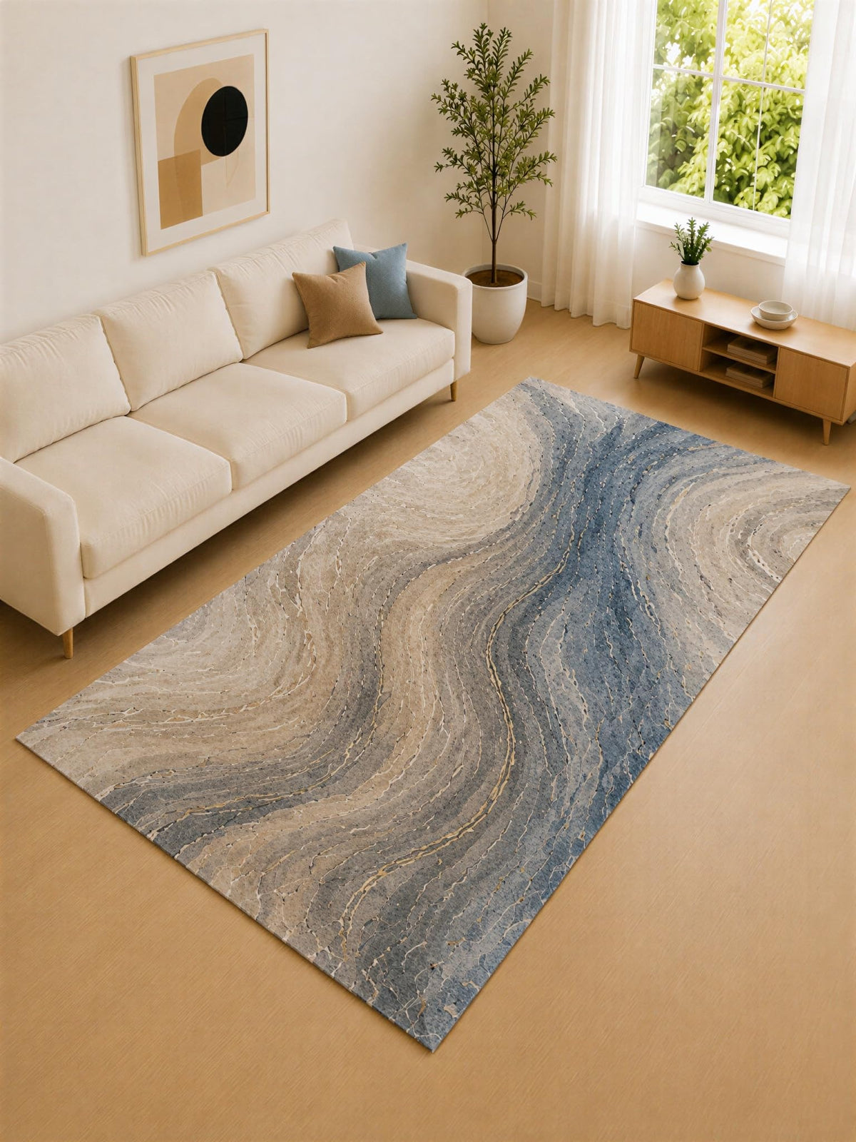 ICE ARMOR Large 6'7" x 9'10" Blue Gray and Beige Granite Swirl Area Rug for Living Room, Soft Low Pile Carpet with Non-Slip Silicone Backing, Decor for Bedroom and Home Office