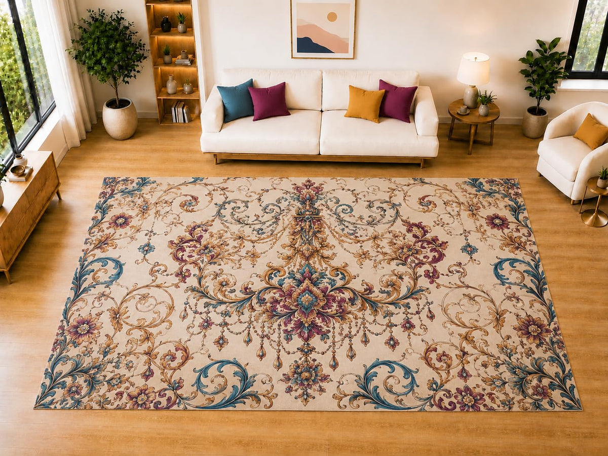 ICE ARMOR "Ultra Light Weight Large 6'7" x 9'10" Elegant Floral Chandelier Area Rug for Living Room, Bedroom, Dining Room, Soft Low Pile Non-Slip Backing, Teal Plum Beige