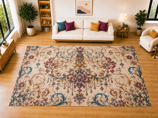 ICE ARMOR "Ultra Light Weight Large 6'7" x 9'10" Elegant Floral Chandelier Area Rug for Living Room, Bedroom, Dining Room, Soft Low Pile Non-Slip Backing, Teal Plum Beige