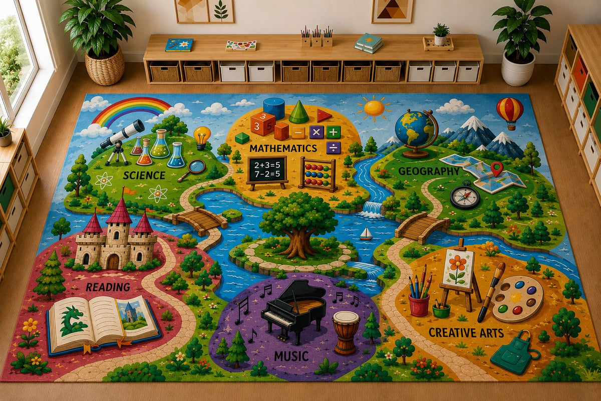 ICE ARMOR Large 6'7" x 9'10" School Subjects Adventure Area Rug, Soft Low Pile Indoor Rug with Non-Slip Silicone Backing for Kids Room Playroom, Blue