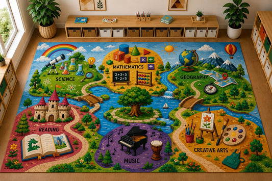 ICE ARMOR Large 6'7" x 9'10" School Subjects Adventure Area Rug, Soft Low Pile Indoor Rug with Non-Slip Silicone Backing for Kids Room Playroom, Blue