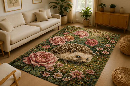 ICE ARMOR 5' x 7' Hedgehog Rose Garden Area Rug for Living Room, Soft Low Pile Indoor Rug with Non-Slip Silicone Backing, Woodland Floral Decor for Bedroom, Nursery, Kids Room, Kids & Pets