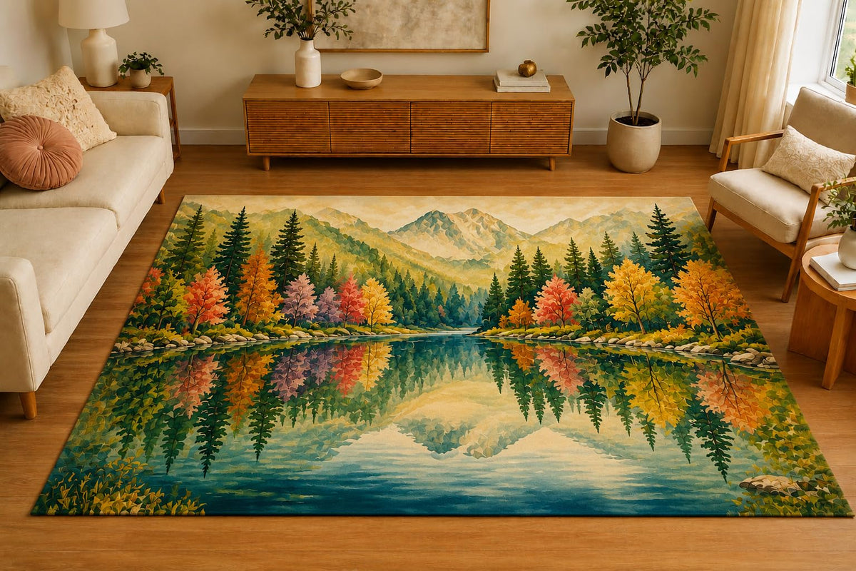 ICE ARMOR 5' x 7' Mountain Lake Reflection Area Rug, Soft Low Pile Indoor Rug with Non-Slip Silicone Backing, Nature Carpet for Living Room, Bedroom, Office, Family Room, Sage Green