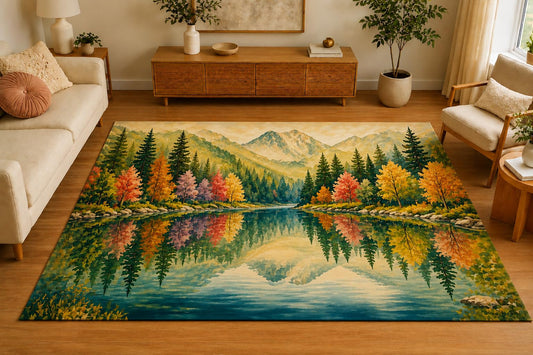 ICE ARMOR 5' x 7' Mountain Lake Reflection Area Rug, Soft Low Pile Indoor Rug with Non-Slip Silicone Backing, Nature Carpet for Living Room, Bedroom, Office, Family Room, Sage Green
