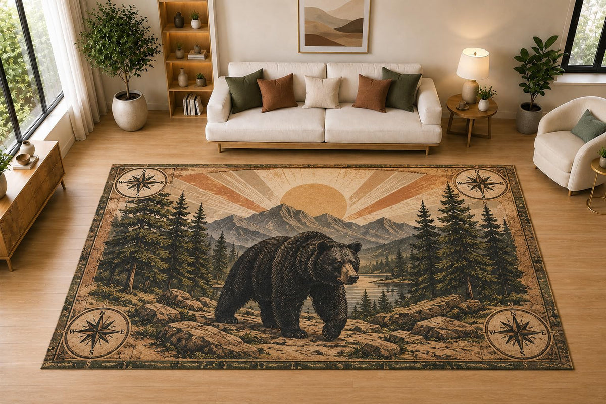 ICE ARMOR "Ultra Light Weight Large 6'7" x 9'10" Bear Mountain Compass, Living Room, Bedroom, Dining Room, Office, Family Room, Soft Low Pile Indoor Rug, Non-Slip Silicone Backing, Brown