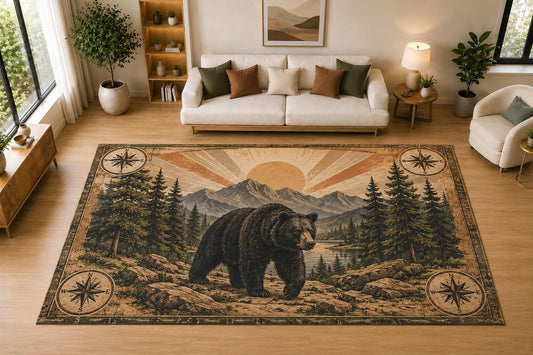 ICE ARMOR "Ultra Light Weight Large 6'7" x 9'10" Bear Mountain Compass, Living Room, Bedroom, Dining Room, Office, Family Room, Soft Low Pile Indoor Rug, Non-Slip Silicone Backing, Brown