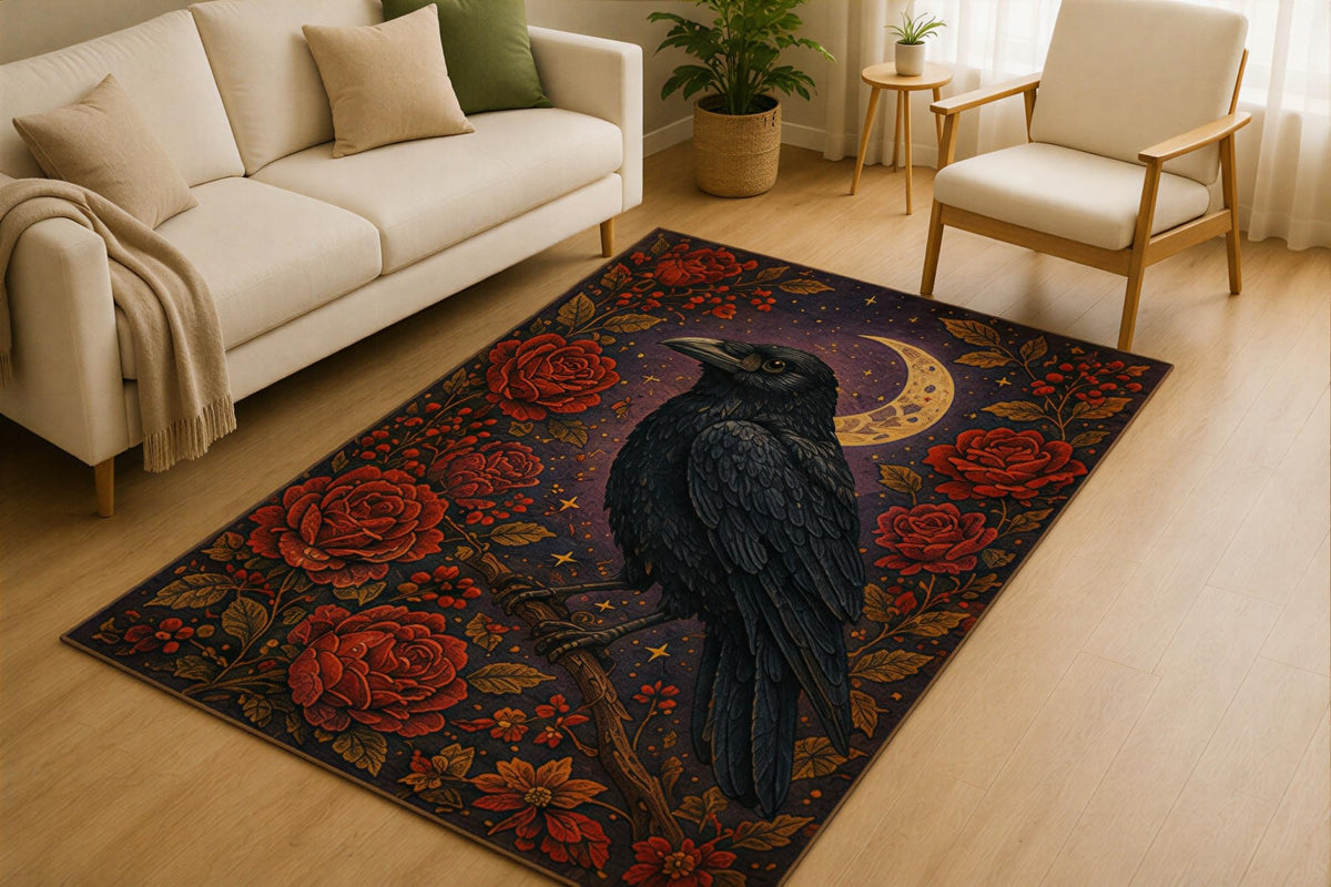 ICE ARMOR 5' x 7' Gothic Raven Rose Area Rug for Living Room, Soft Low Pile Indoor Rug with Non-Slip Silicone Backing, Dark Floral Decorative Carpet for Bedroom, Office, Family Room, Black Red