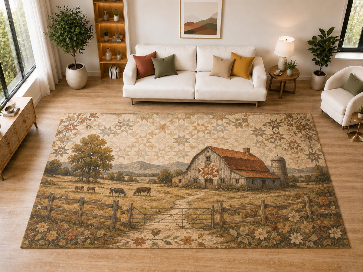 ICE ARMOR "Ultra Light Weight Large 6'7" x 9'10" Barn Quilt Area Rug for Dining, Living Room, Bedroom, Soft Low Pile Indoor Rug with Non-Slip Silicone Backing, Beige Brown