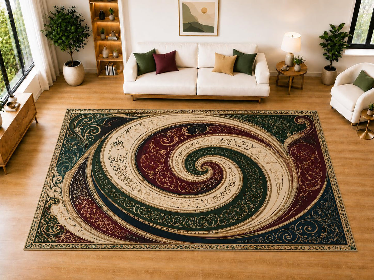 ICE ARMOR "Ultra Light Weight Large 6'7" x 9'10" Spiral Scroll Area Rug for Living Room Bedroom Dining Room, Soft Low Pile Non-Slip Backing, Burgundy Green Cream Navy Ornamental Floral Decor