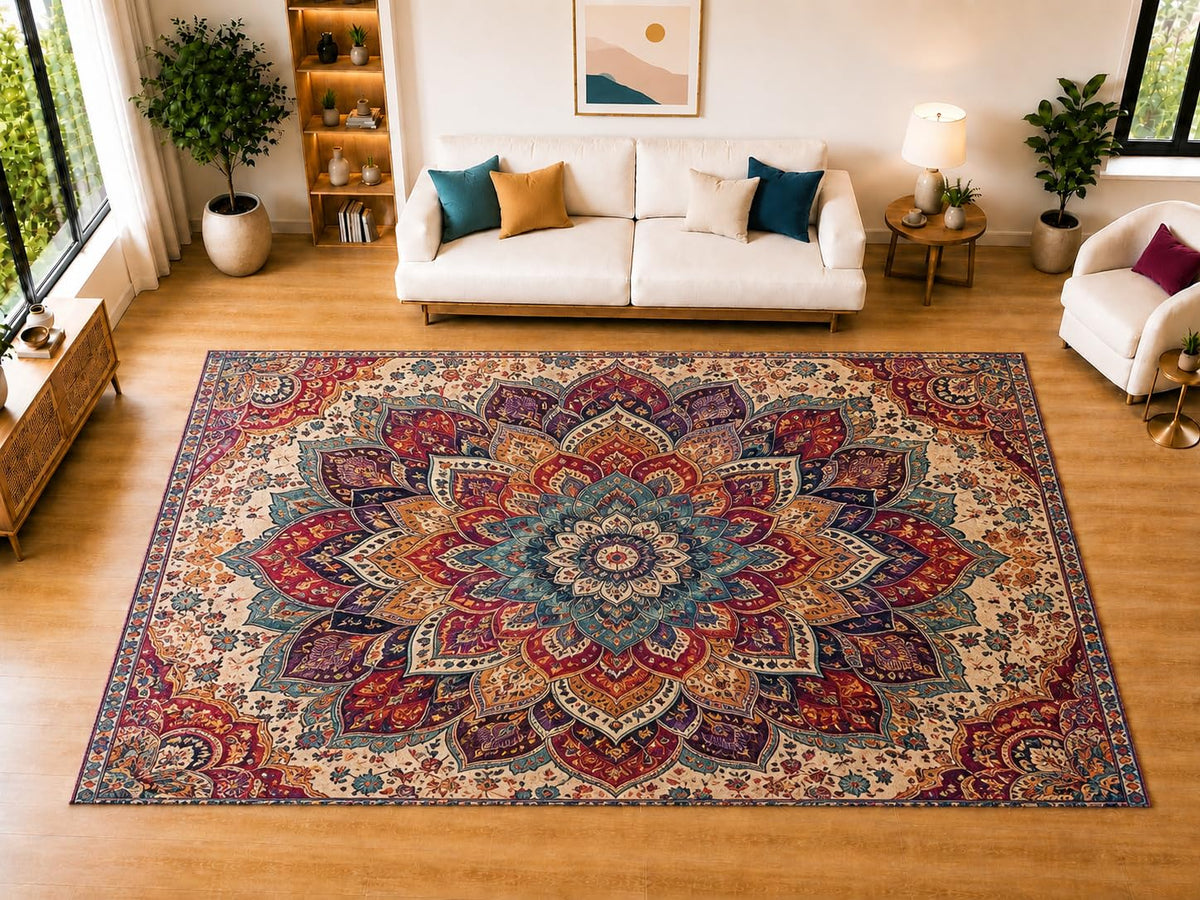 ICE ARMOR "Ultra Light Weight Large 6'7" x 9'10" Layered Floral Medallion Area Rug for Living Room, Bedroom, Dining Room, Soft Low Pile Non-Slip Backing, Burgundy Teal Orange Cream