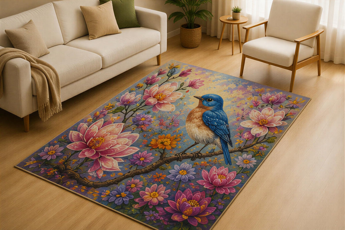 ICE ARMOR 5' x 7' Bluebird Blossom Area Rug for Living Room, Soft Low Pile Indoor Rug with Non-Slip Silicone Backing, Botanical Nature Carpet for Bedroom, Nursery, Family Room, Blue Pink
