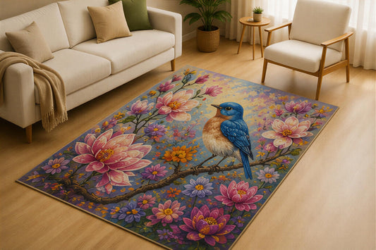 ICE ARMOR 5' x 7' Bluebird Blossom Area Rug for Living Room, Soft Low Pile Indoor Rug with Non-Slip Silicone Backing, Botanical Nature Carpet for Bedroom, Nursery, Family Room, Blue Pink