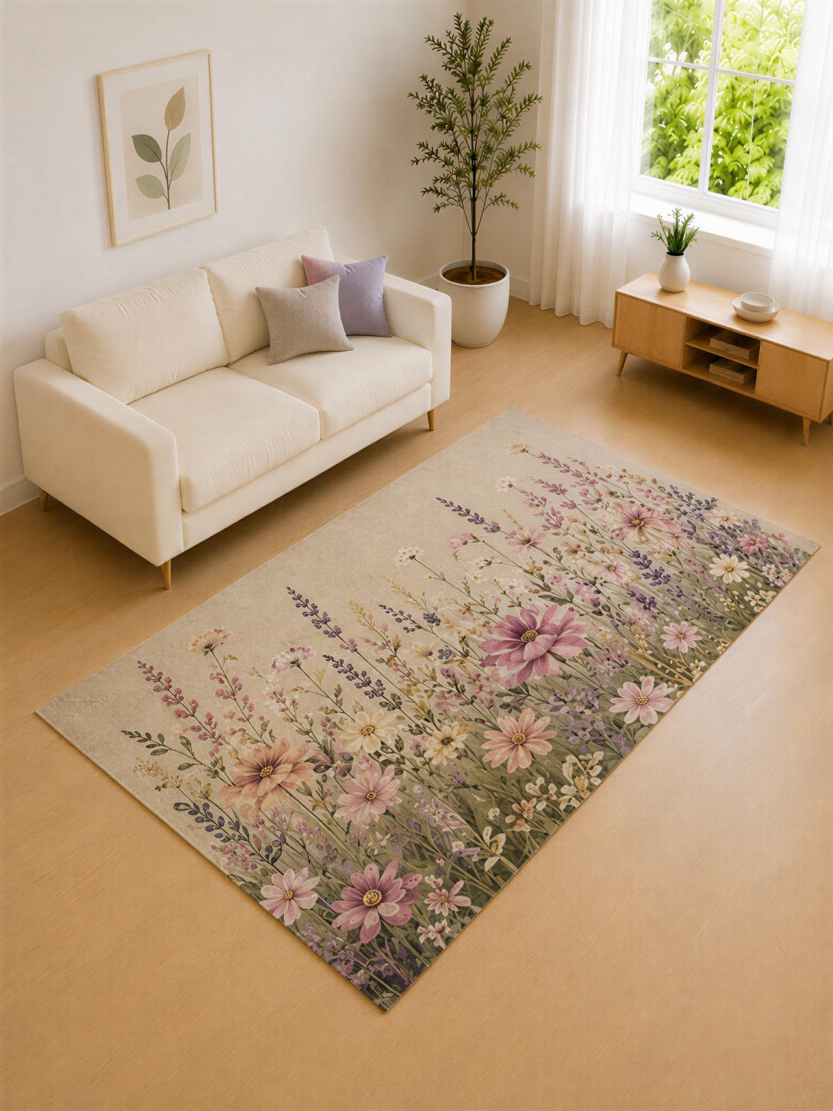 ICE ARMOR "Ultra Lightweight 5' x 7' Cream and Pink Cottage Meadow Area Rug for Living Room, Bedroom and Home Office, Soft Low Pile Carpet with Non-Slip Silicone Backing