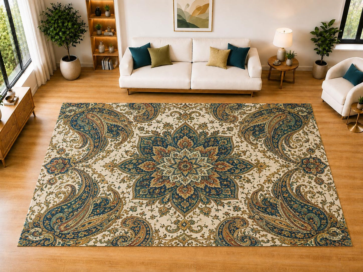 ICE ARMOR "Ultra Light Weight Large 6'7" x 9'10" Teal Paisley Blossom Area Rug for Living Room, Bedroom, Dining Room, Soft Low Pile Non-Slip Backing, Teal Cream Rust