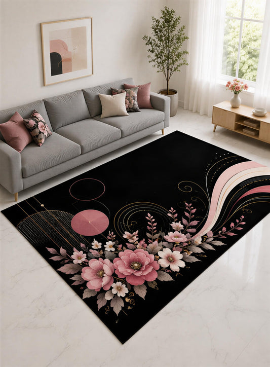 ICE ARMOR "Ultra Lightweight Large 6'7" x 9'10" Rose and Black Floral Ribbon Area Rug for Living Room, Bedroom and Home Office, Soft Low Pile Carpet with Non-Slip Silicone Backing