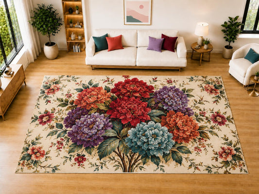 ICE ARMOR "Ultra Light Weight Large 6'7" x 9'10" Floral Bouquet Area Rug for Living Room Bedroom Dining Room, Soft Low Pile Non-Slip Backing, Red Coral Purple Blue Cream Botanical Decor