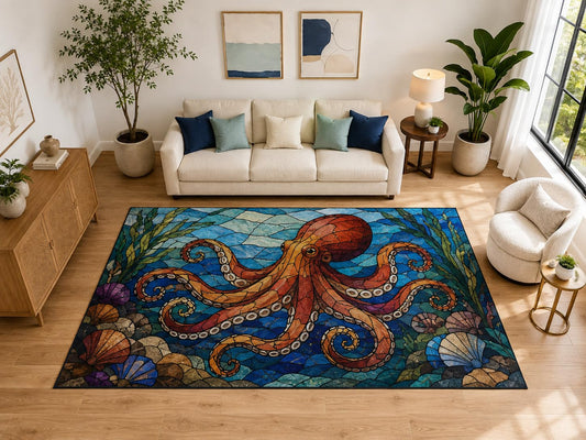 ICE ARMOR "Ultra Light Weight Large 6'7" x 9'10" Stained Glass Octopus Rug for Bedroom, Soft Low Pile Indoor Rug and Non-Slip Silicone Backing, Blue