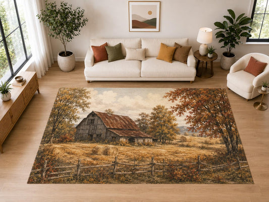 ICE ARMOR "Ultra Light Weight Large 6'7" x 9'10" Autumn Barn Area Rug for Dining, Living Room, Bedroom, Soft Low Pile Indoor Rug with Non-Slip Silicone Backing, Brown Orange