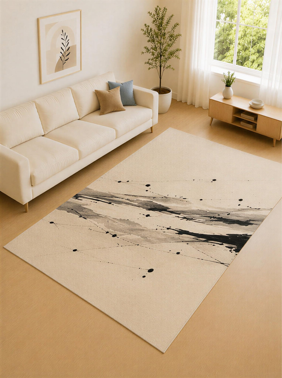 ICE ARMOR Large 6'7" x 9'10" Black and Cream Brush Sweep Area Rug for Living Room, Soft Low Pile Carpet with Non-Slip Silicone Backing, Decor for Bedroom and Home Office